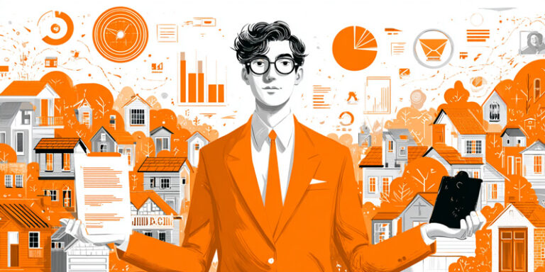 Illustration of a real estate agent juggling houses, emails, and charts to show daily prompt workflow.