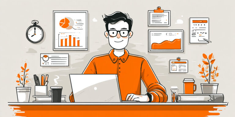 Illustration of a sales manager at a laptop with charts and a checklist, showing productivity prompts.