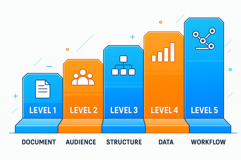 Infographic showing five levels of prompt progression: Level 1 Document, Level 2 Audience, Level 3 Structure, Level 4 Data, and Level 5 Workflow, designed in a modern blue and orange style.