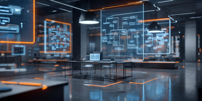 Illustration of a futuristic workspace with digital flowcharts and branching AI conversation maps on glowing screens, symbolizing how prompt flows expand step by step.