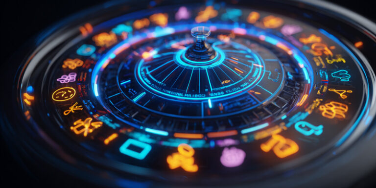 Illustration of a futuristic roulette wheel with colorful creative categories, symbolizing how random prompts spark new ideas.