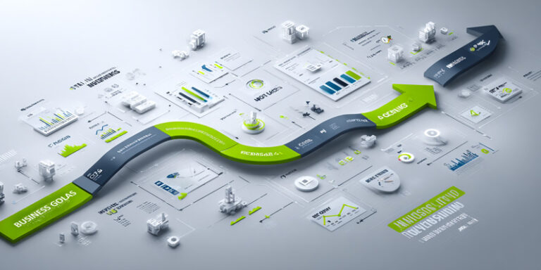 Infographic-style image showing a flow from business goals through AI prompts to measurable results, in a modern professional design.