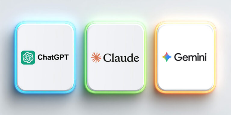 Minimalist infographic comparing ChatGPT, Claude, and Gemini AI models with distinct icons and colors, designed for professional blog illustration.