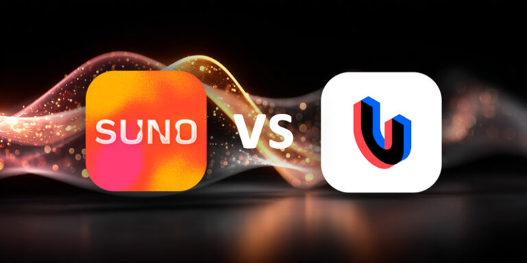 Dark background with glowing orange and red music waveforms, showing Suno and Udio logos side by side for AI music generation comparison.