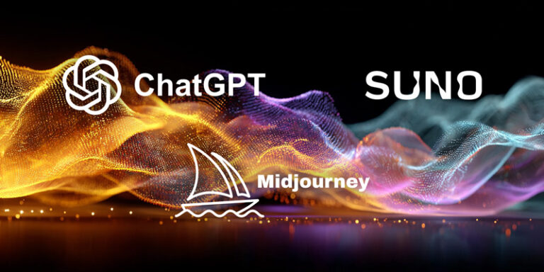 Dark background with glowing colorful waveforms featuring ChatGPT, Midjourney, and Suno logos, symbolizing an integrated AI creative workflow.