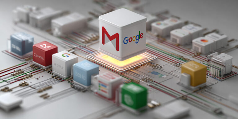 Illustration of Gemini AI integrated into Google Workspace apps Gmail, Sheets, and Docs, connected by glowing circuits in a clean infographic style.