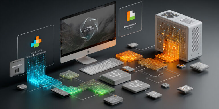 Illustration of Stable Diffusion running locally with LoRA and custom models, showing puzzle-piece icons attaching to a computer and generating tailored artworks.