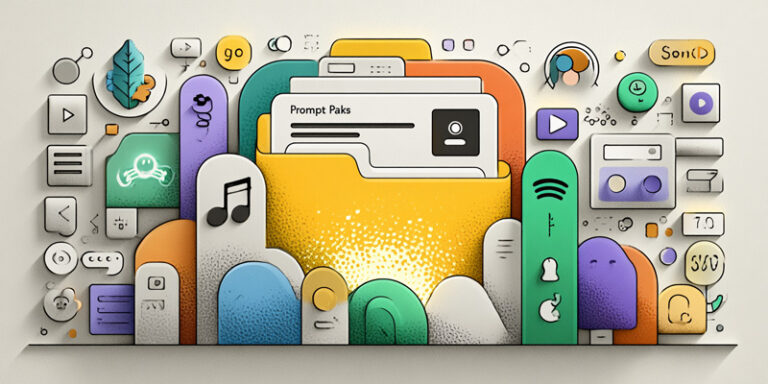 Illustration of a glowing folder labeled "Prompt Packs" surrounded by icons for ChatGPT, Midjourney, and Suno, symbolizing multi-tool AI productivity.