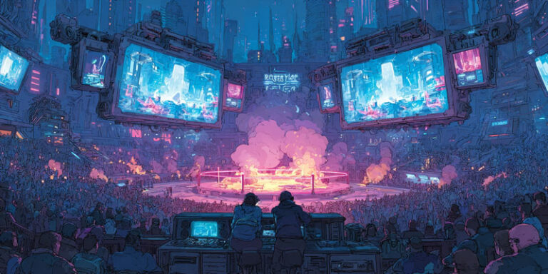 Illustration of an AI prompt battle competition with participants typing prompts and AI outputs displayed on screens, highlighting creativity and community engagement.