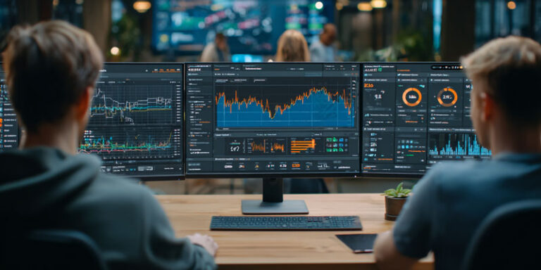 Photorealistic image of a business team reviewing AI subscription pricing and churn data on digital dashboards in an office setting.