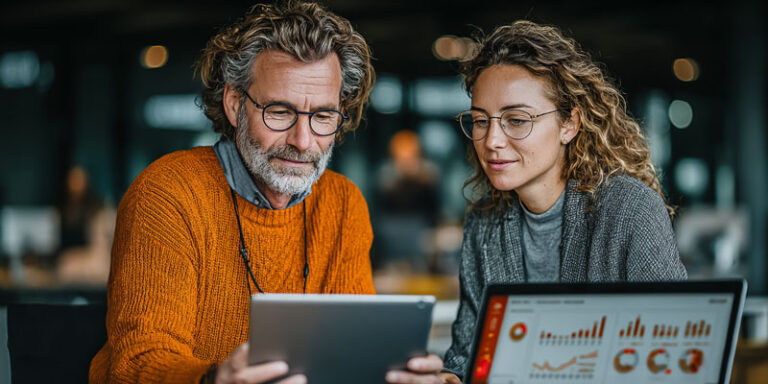 Photorealistic image of professionals comparing free and paid prompt packs on digital devices in a modern office environment.