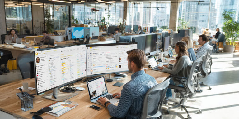 Photorealistic image of a sales team using AI-powered workflows and prompt kits for outreach and follow-up in a modern office setting.