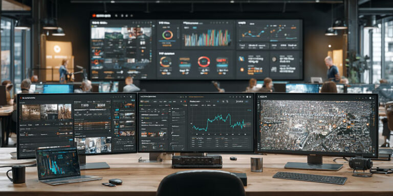 Photorealistic image of a marketing team using AI prompt kits to plan campaigns and create content in a modern office environment.