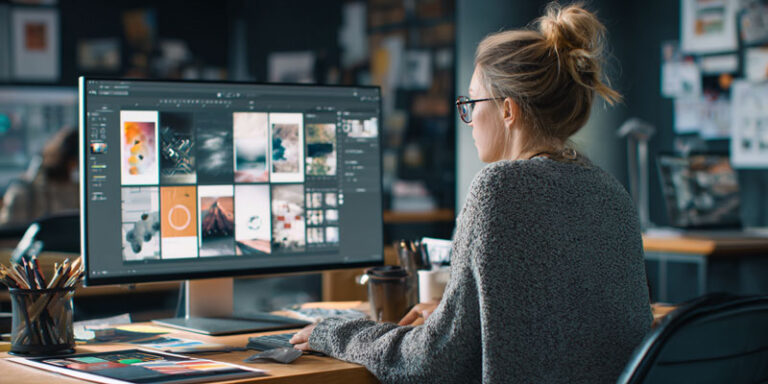 Photorealistic image of a designer using an AI prompt kit to generate mockups and design briefs in a modern studio environment.