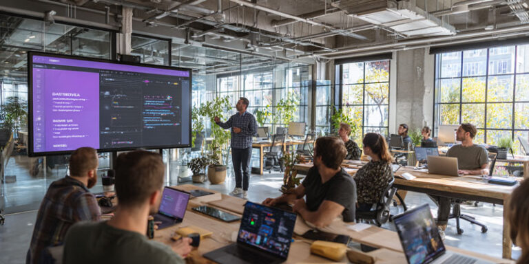 Photorealistic image of professionals attending a 3-hour prompt engineering bootcamp, learning AI workflows in a modern training session.