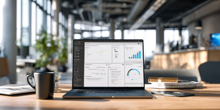Photorealistic image of a Notion AI dashboard with prompt libraries and workflows displayed on a laptop in a modern workspace.