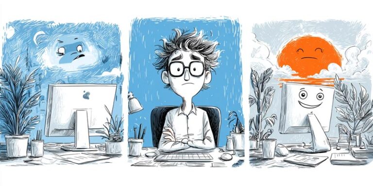 Illustrated three-panel comic strip created with AI prompts, showing a problem, AI solution, and positive outcome.