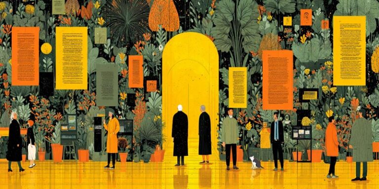 Illustrated museum of AI prompt fails, with exhibits like recursion loops, distorted dog image, and endless essay scrolls in a playful style.