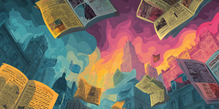 Illustrated collage of AI storytelling experiments, showing fragments of different narrative voices and genres in a creative flat design.