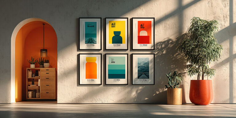 Illustrated poster wall displaying AI prompts as art prints, with bold typography and creative layouts in a modern flat-design style.