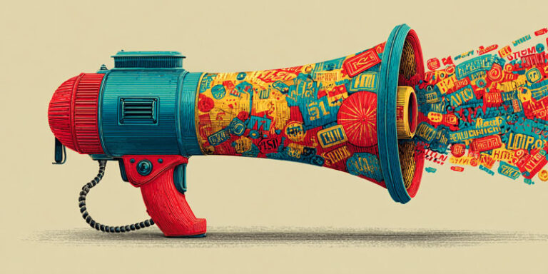 Illustrated concept of AI shaping brand voice, with a megaphone projecting consistent branded messages in a modern flat-design style.